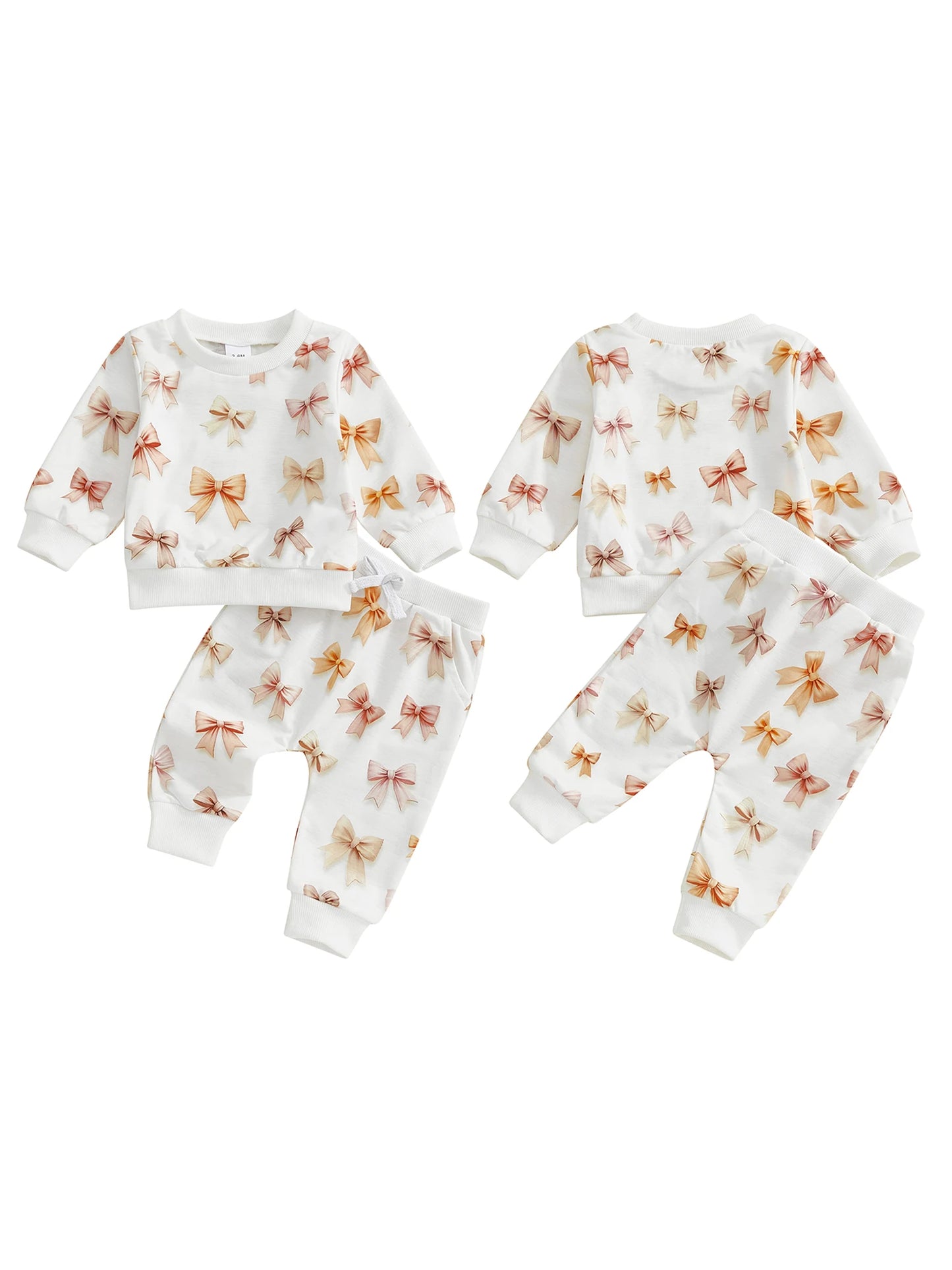 Baby Toddler Girls 2Pcs Spring Outfits Bow Print Long Sleeve Round Neck Pullover Top Elastic Waist Long Pants Jogger Set