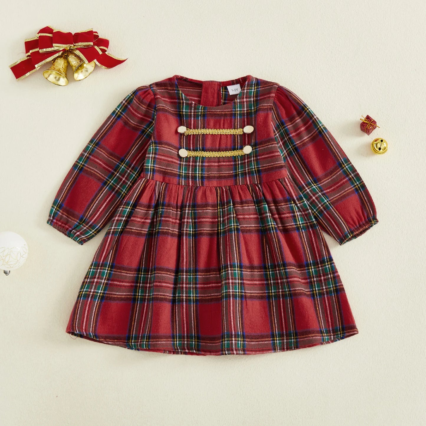 Toddler Kids Girls Sweet Plaid Dress Christmas Long Puff Sleeve Round Neck  A-line Dress