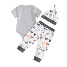 Load image into Gallery viewer, Baby Boys 3Pcs Outfit New To The Coop Letter Chicken Print Short Sleeve Romper Rooster Hen Print Long Pants Hat Clothes Set

