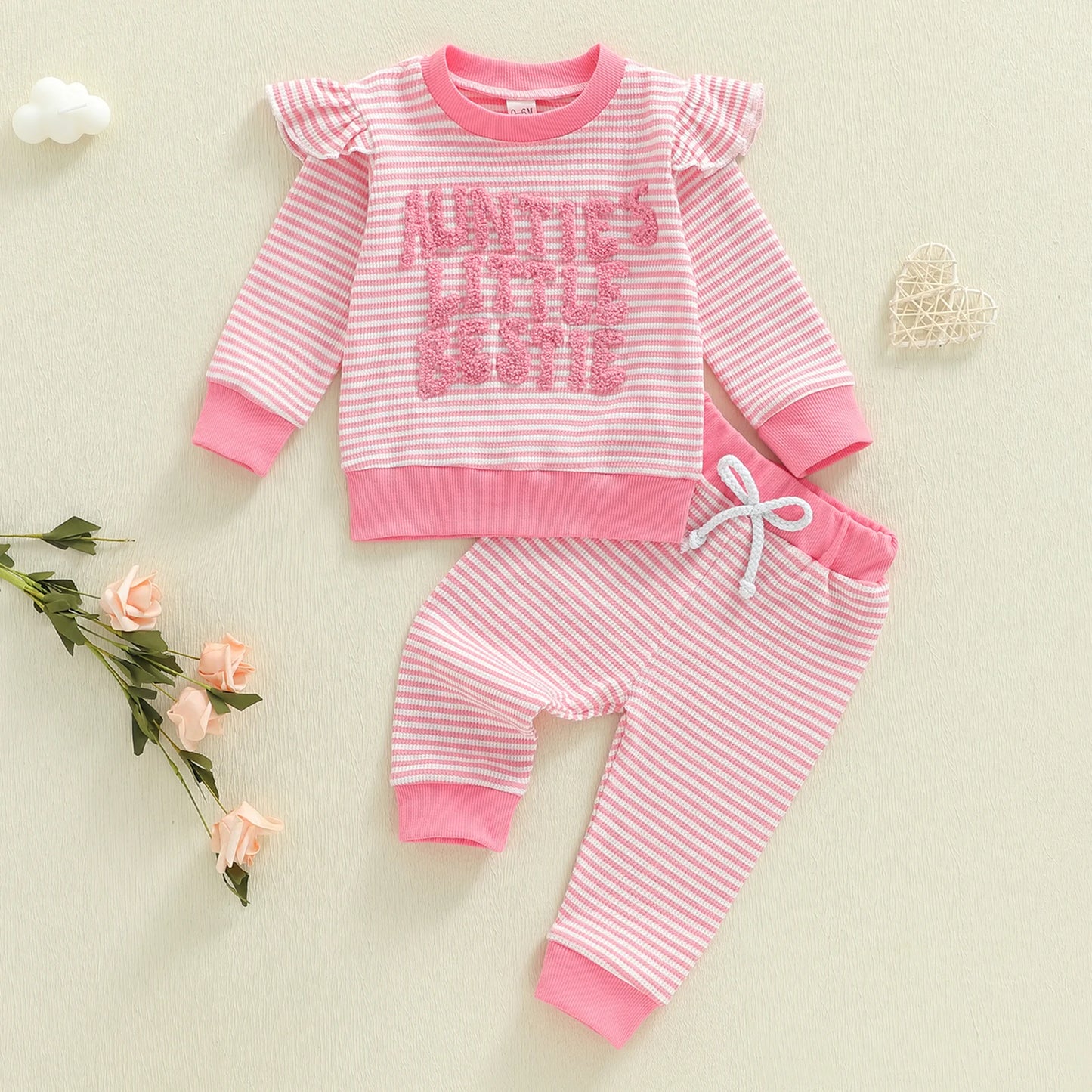 Baby Toddler Girl 2Pcs Auntie's Little Bestie Outfits Long Sleeve Letter Top Elastic Waist Pants Set Clothes
