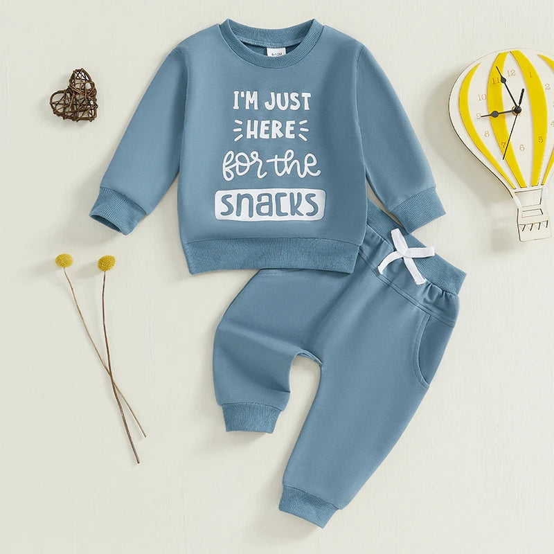 Baby Toddler Boys 2Pcs I'm Just Here For The Snacks Fall Outfit Letter Print Long Sleeve Crewneck Top and Long Pants Jogger Set