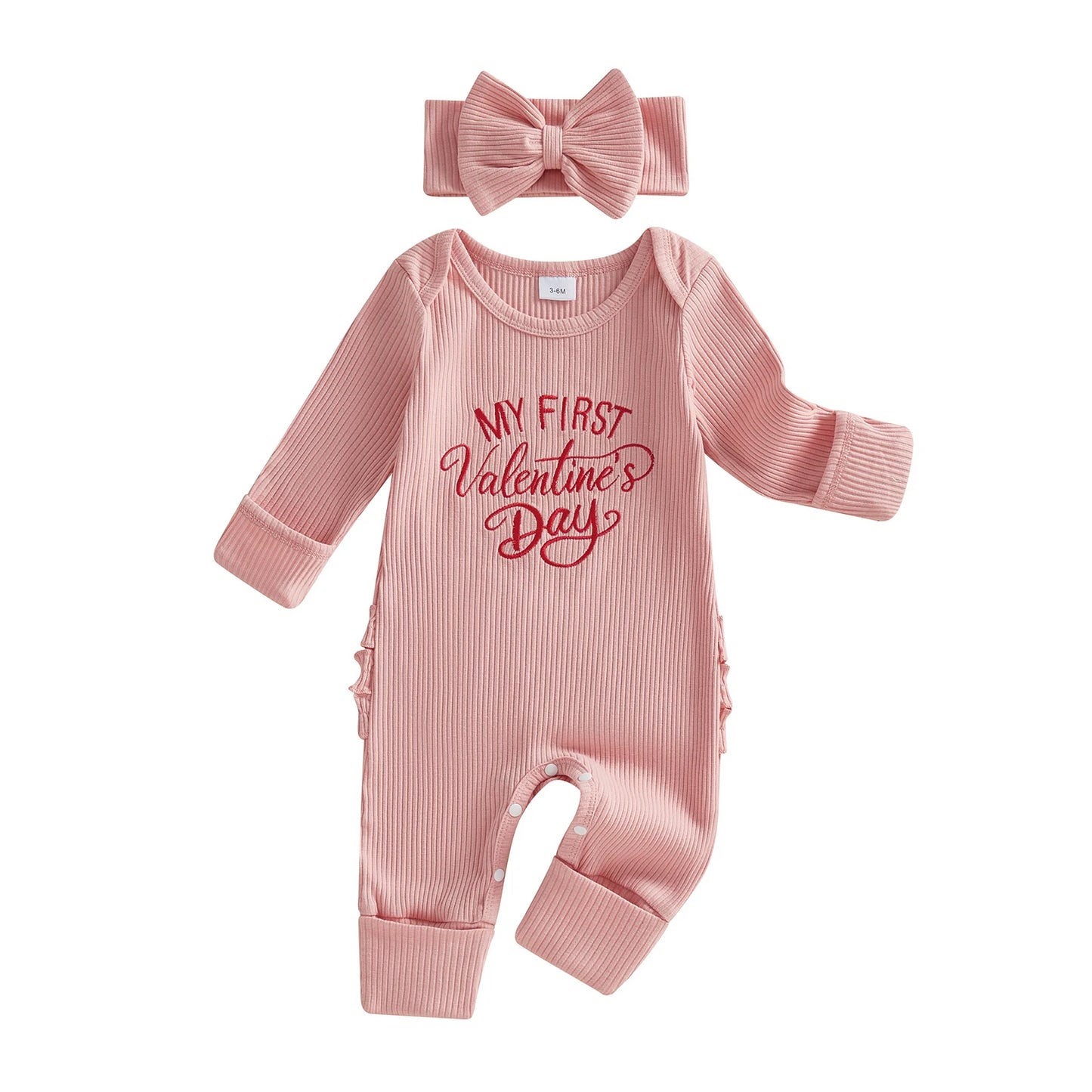 Baby Girls 2Pcs My 1st Valentine's Outfit Letter Embroidered Long Sleeve Romper and Bow Headband Set