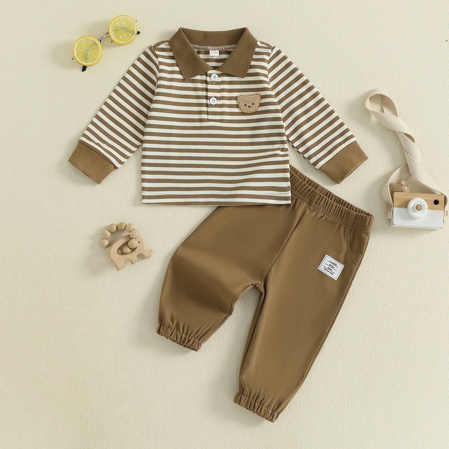 Baby Toddler Boys 2Pcs Fall Long Sleeve Lapel Bear Embroidery Striped Top Pants Sets