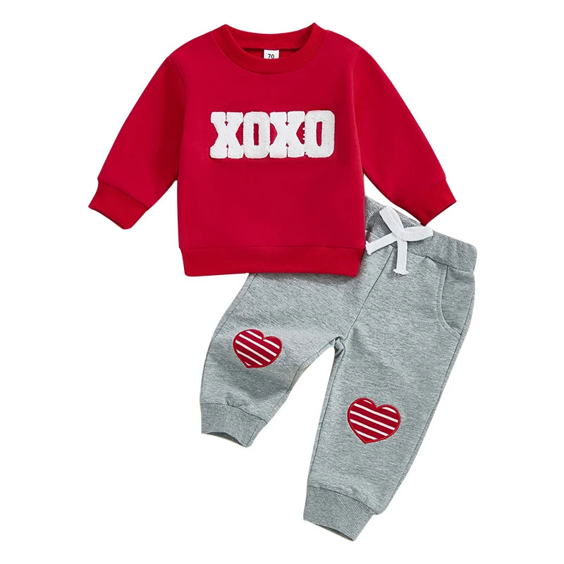 Baby Toddler Boys Girls 2Pcs Valentine's Day Jogger Set Long Sleeve Crew Neck XOXO Embroidery Letters Crewneck Top with Heart Knee Pants Outfit