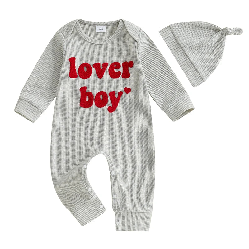 Baby Boy 2Pcs Lover Boy Romper Letter Heart Embroidery Valentines Long Sleeve Full Length Jumpsuit with Hat Valentine's Day Outfit Set