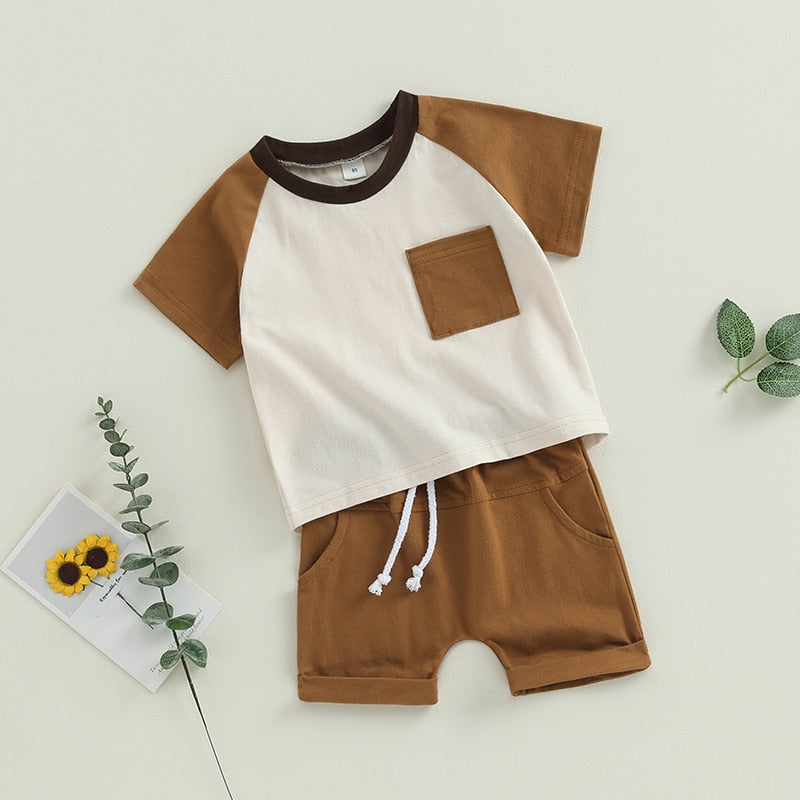 Baby Toddler Boys 2Pcs Short Sleeve Contrast Color Tops Drawstring Shorts Outfit