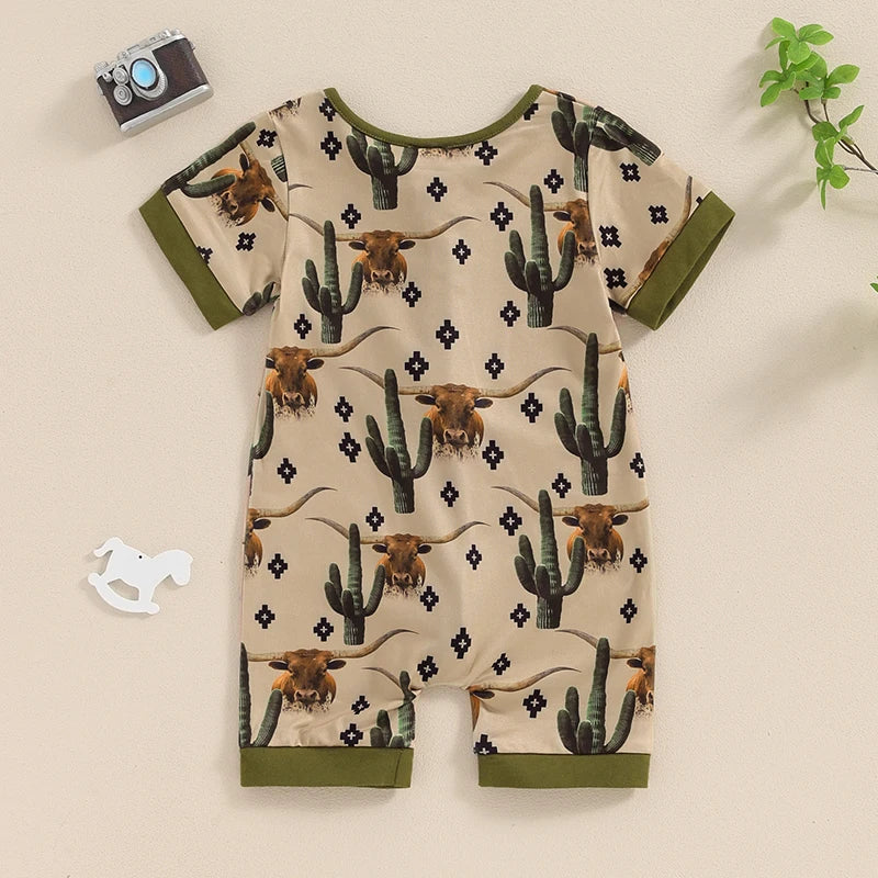 Baby Boys Summer Romper Short Sleeve Crew Neck Cactus Cow Horse Cowboy Print Zipper Jumpsuit