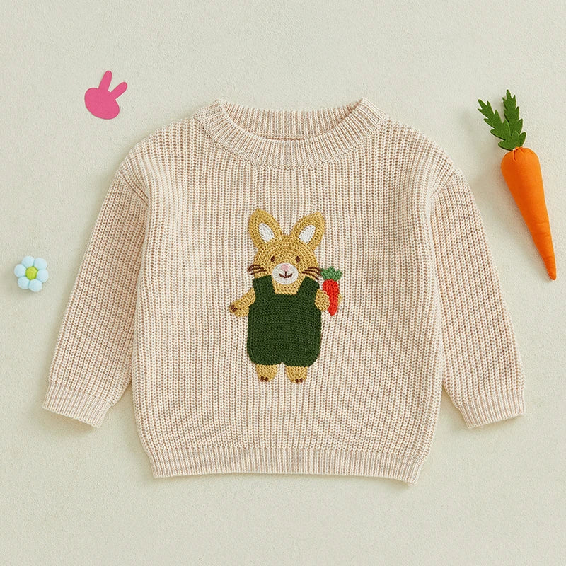 Baby Toddler Kids Girls Boys Pullover Sweater Casual Long Sleeve Easter Bunny Rabbit Embroidery Knitwear Knit Top