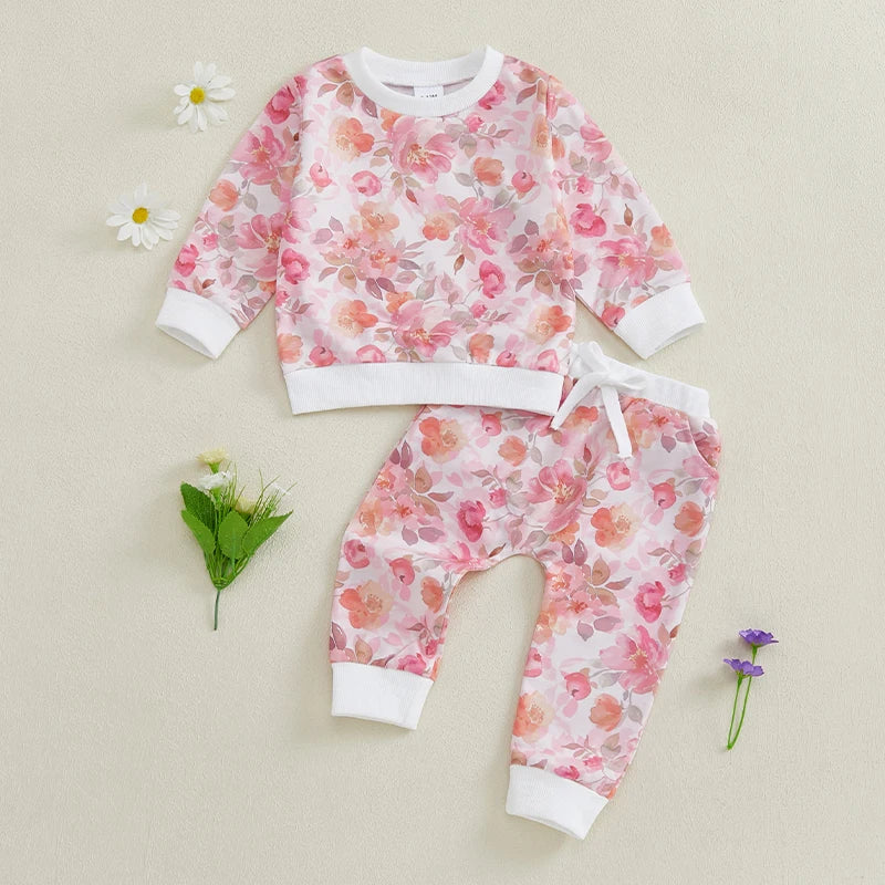 Baby Toddler Girl 2Pcs Spring Fall Outfit Long Sleeve Flower Print Top + Pants Jogger Set