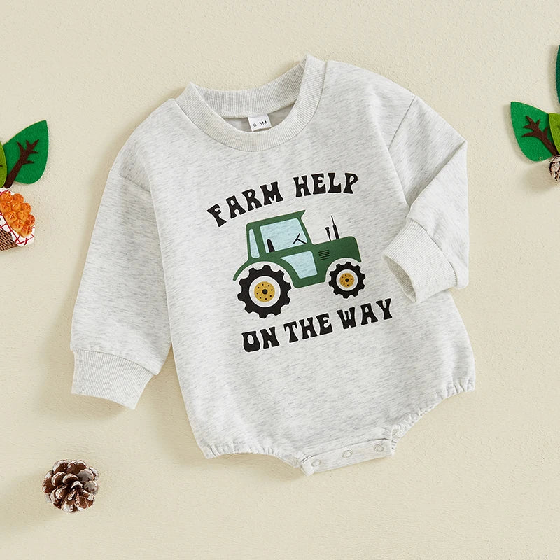 Baby Boy Farm Help On The Way Romper Casual Farm Tractor Print Long Sleeve Jumpsuit