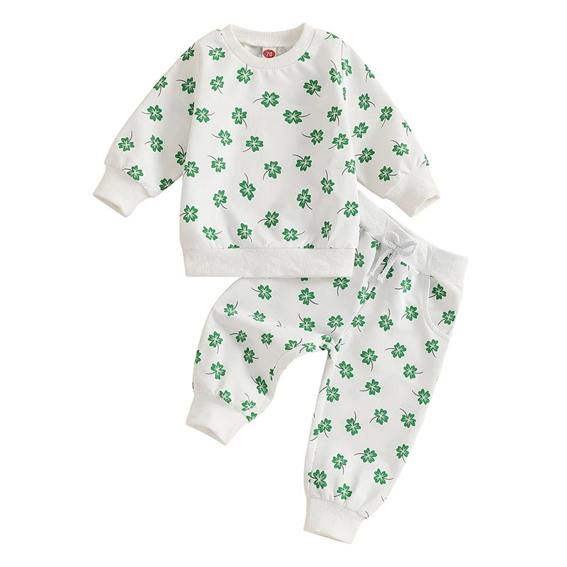 Baby Toddler Girls Boys 2Pcs St. Patrick's Day Outfit Four Leaf Clover Shamrock Print Long Sleeve Crewneck Top and Elastic Pants Jogger Set