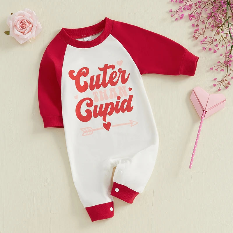 Baby Girls Valentine's Day Cuter Than Cupid Jumpsuit Long Sleeve O Neck Letter Heart Arrow Print Valentines Romper