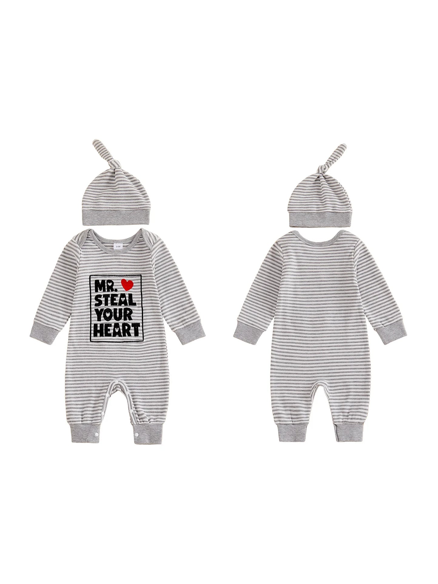 Baby Boys 2Pcs Valentine's Day Mr. Steal Your Heart / Mommy Is My Valentine Jumpsuit Set Long Sleeve Crew Neck Stripes Letters Romper with Hat Outfit