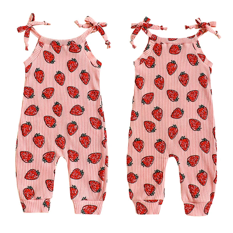 Baby Toddler Girls Sleeveless Fruit Strawberry Print Jumpsuit Romper Tie-up Playsuit