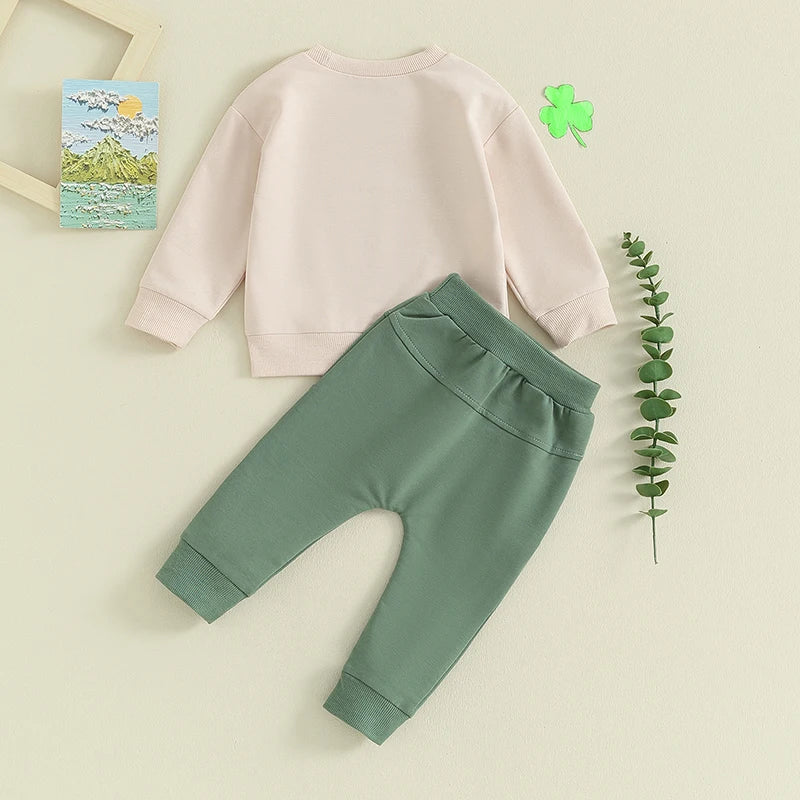 Toddler Baby Boy 2Pcs St. Patrick's Day Outfit Long Sleeve Clover Mama's Lucky Charm Letter Top Pant Set