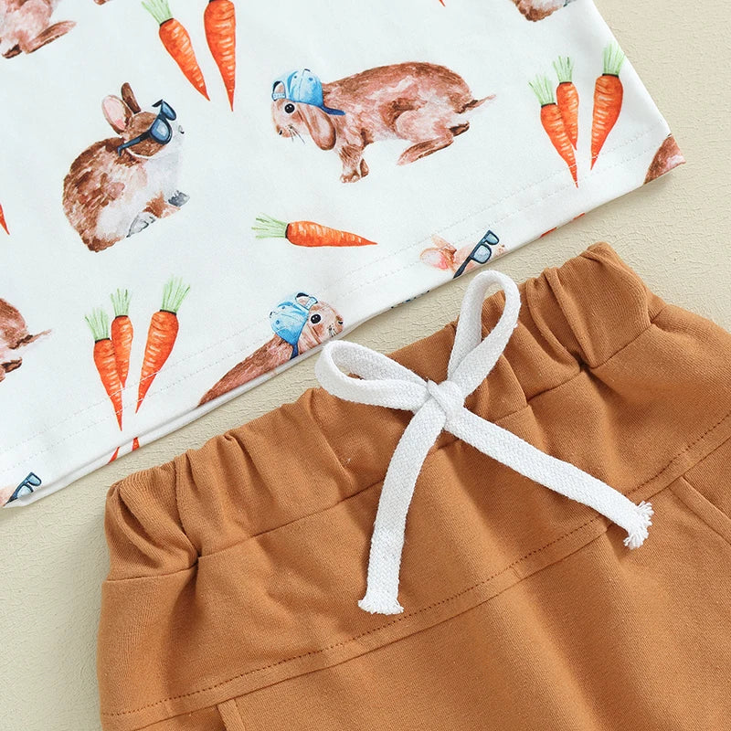 Baby Toddler Boy Girl 2Pcs Easter Outfit Carrot Rabbit Easter Bunny Print Short Sleeve T-Shirts Elastic Waist Long Pants Clothes Set