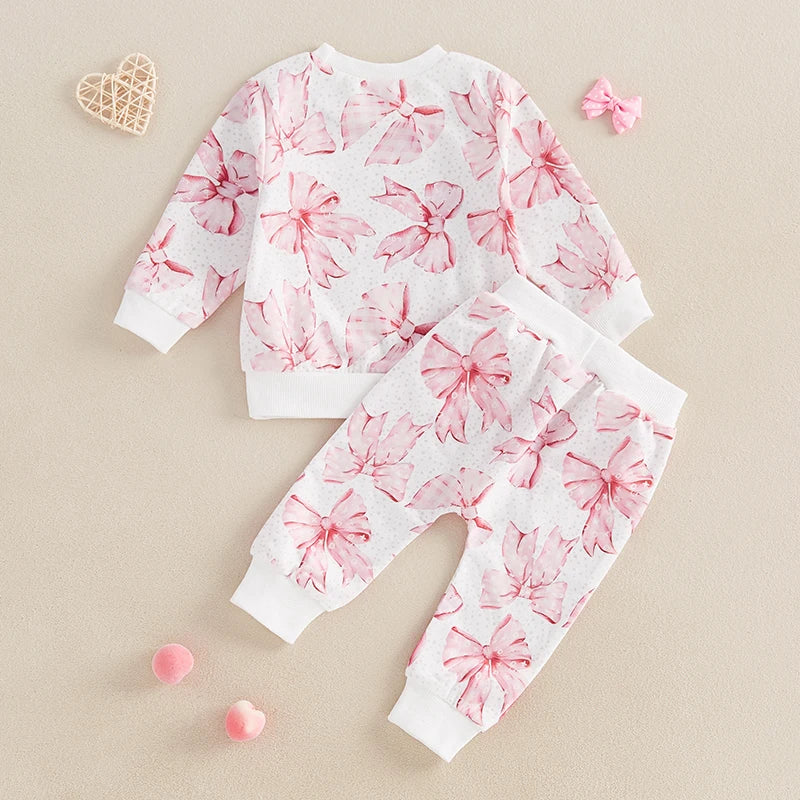 Baby Toddler Girls 2Pcs Outfit Long Sleeve Bow Letters Love XOXO Print Crewneck Valentines Top + Pocket Pants Jogger Set Valentine's Day