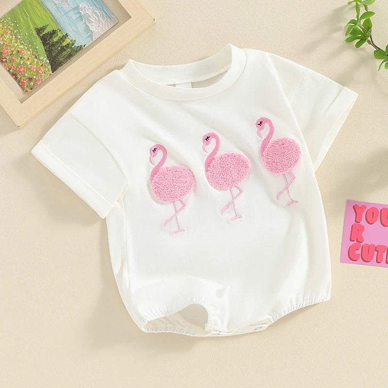 Baby Girl Short Sleeve Flamingo Embroidery Romper Jumpsuit