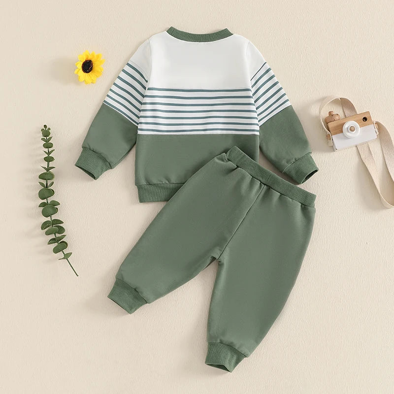 Baby Toddler Boys 2Pcs Outfit Long Sleeve Stripes Top with Elastic Waist Pants Fall Jogger Set