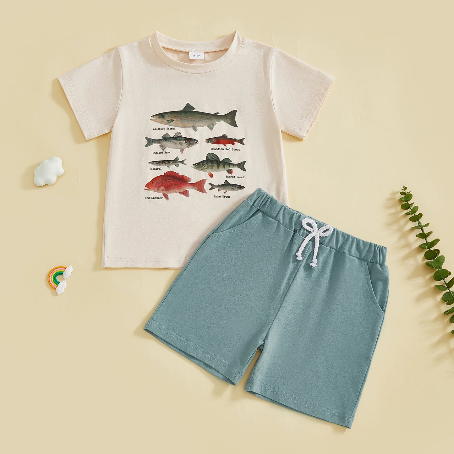 Baby Toddler Boy 2Pcs Outfit Fish Chicken Short Sleeve T-Shirt Top and Solid Shorts 2 Piece Set