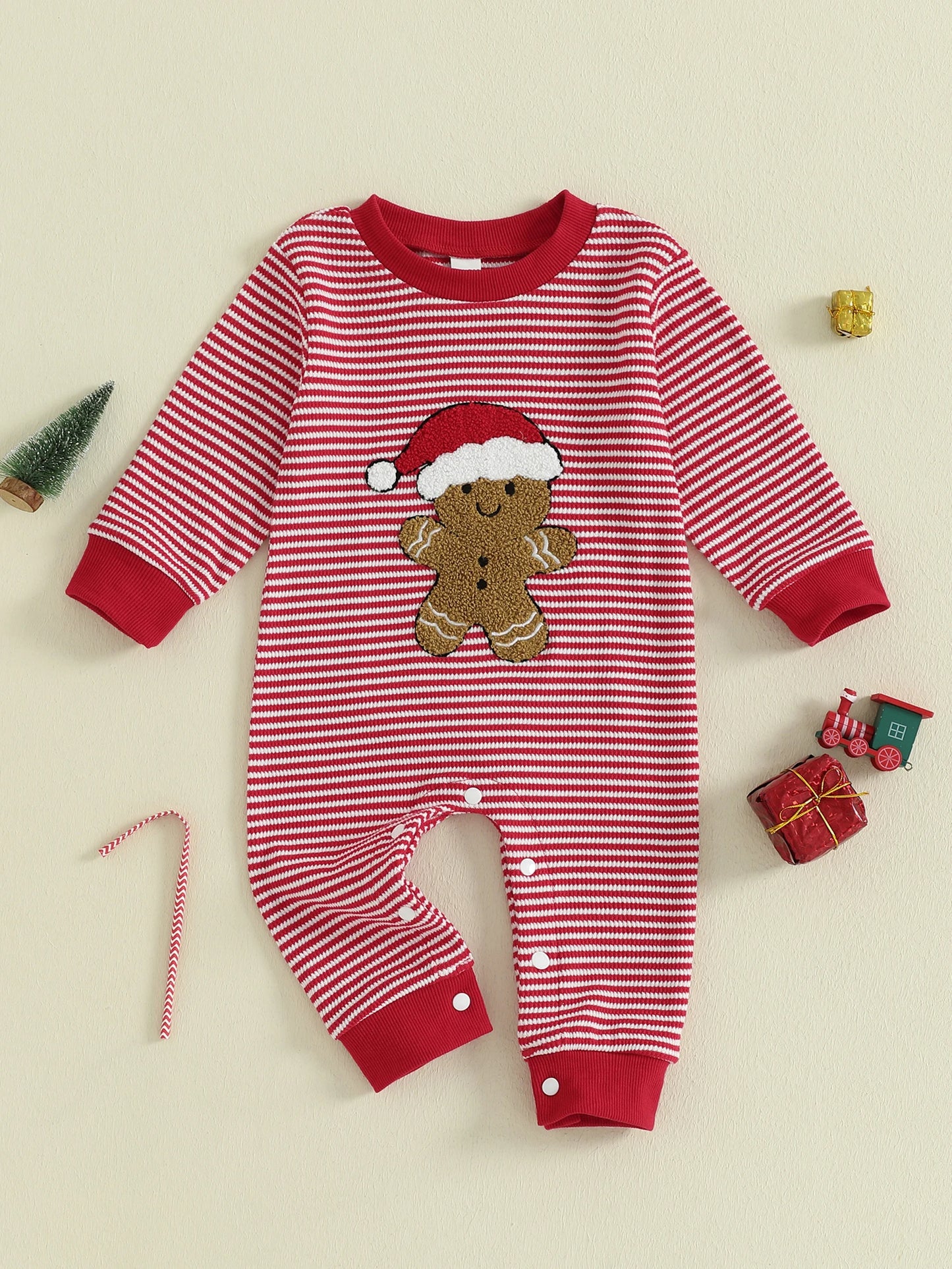 Baby Boys Christmas Romper Stripe Print Gingerbread Man Embroidery Long Sleeve Round Neck Jumpsuit