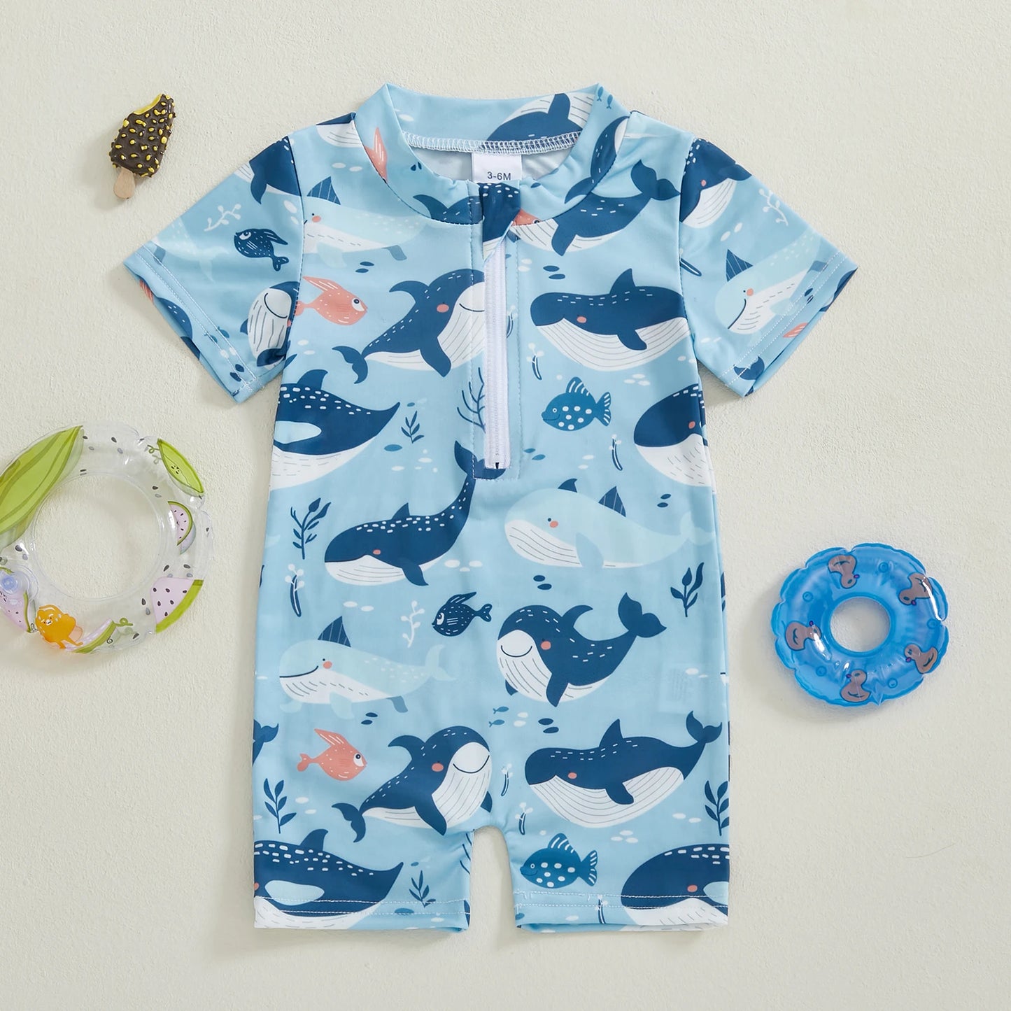 Baby Toddler Boys Rash Guard Swimsuit Short Sleeve Sea Animal Print Zip Up Bathing Suit Swimwear Romper