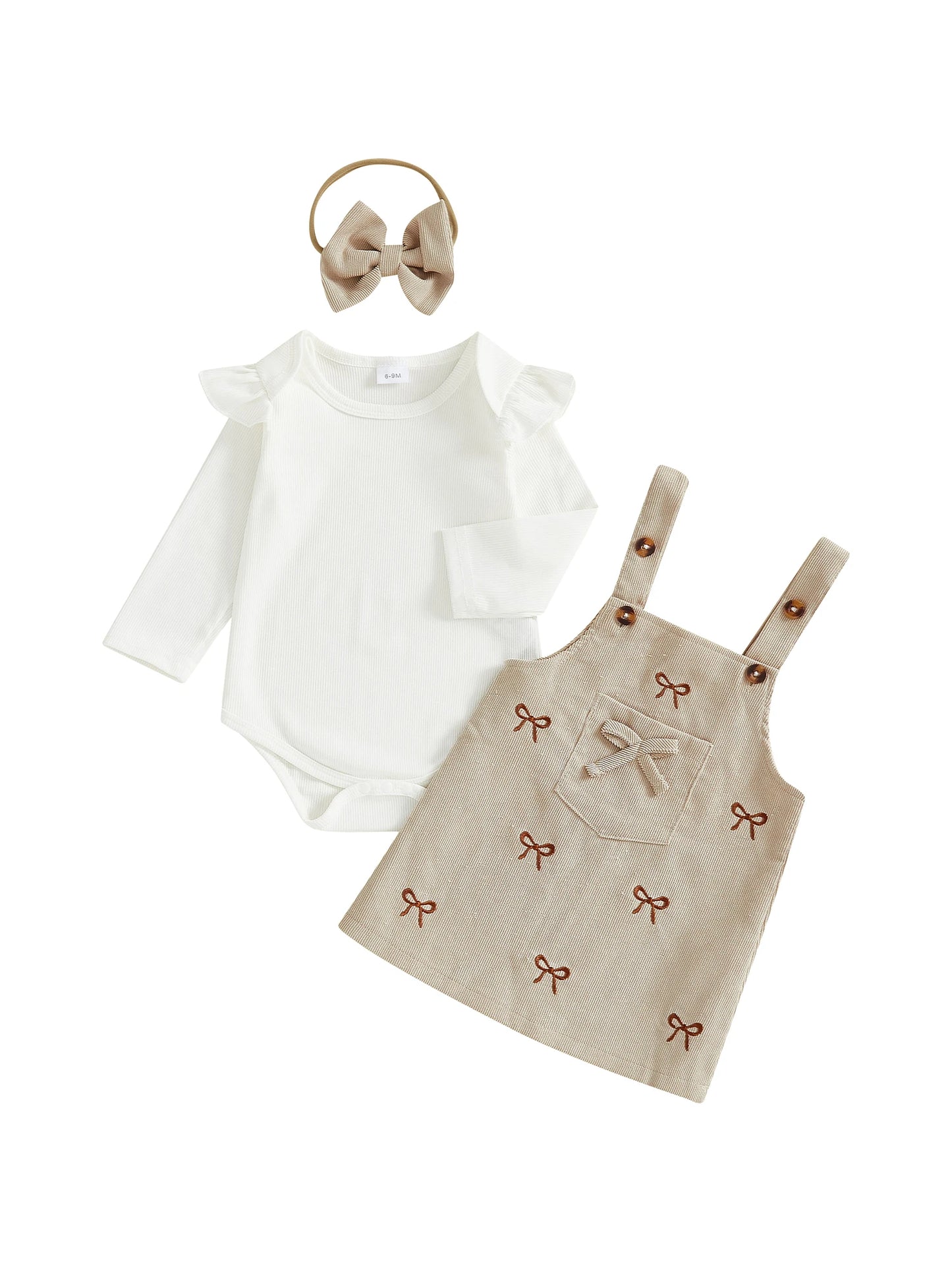 Baby Girls 3Pcs Outfit Ruffle Long Sleeve Crew Neck Romper Overall Bow Dress and Headband Set