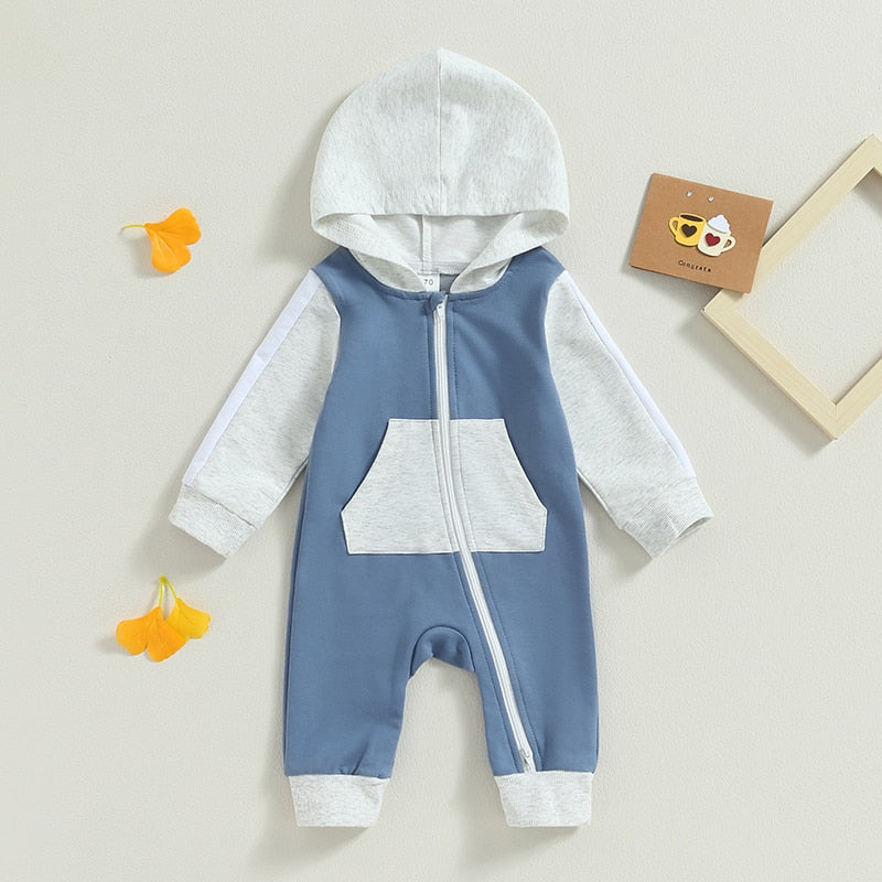 Baby Boy Girl Full Length Jumpsuit Contrast Color Hood Long Sleeve Romper with Zipper