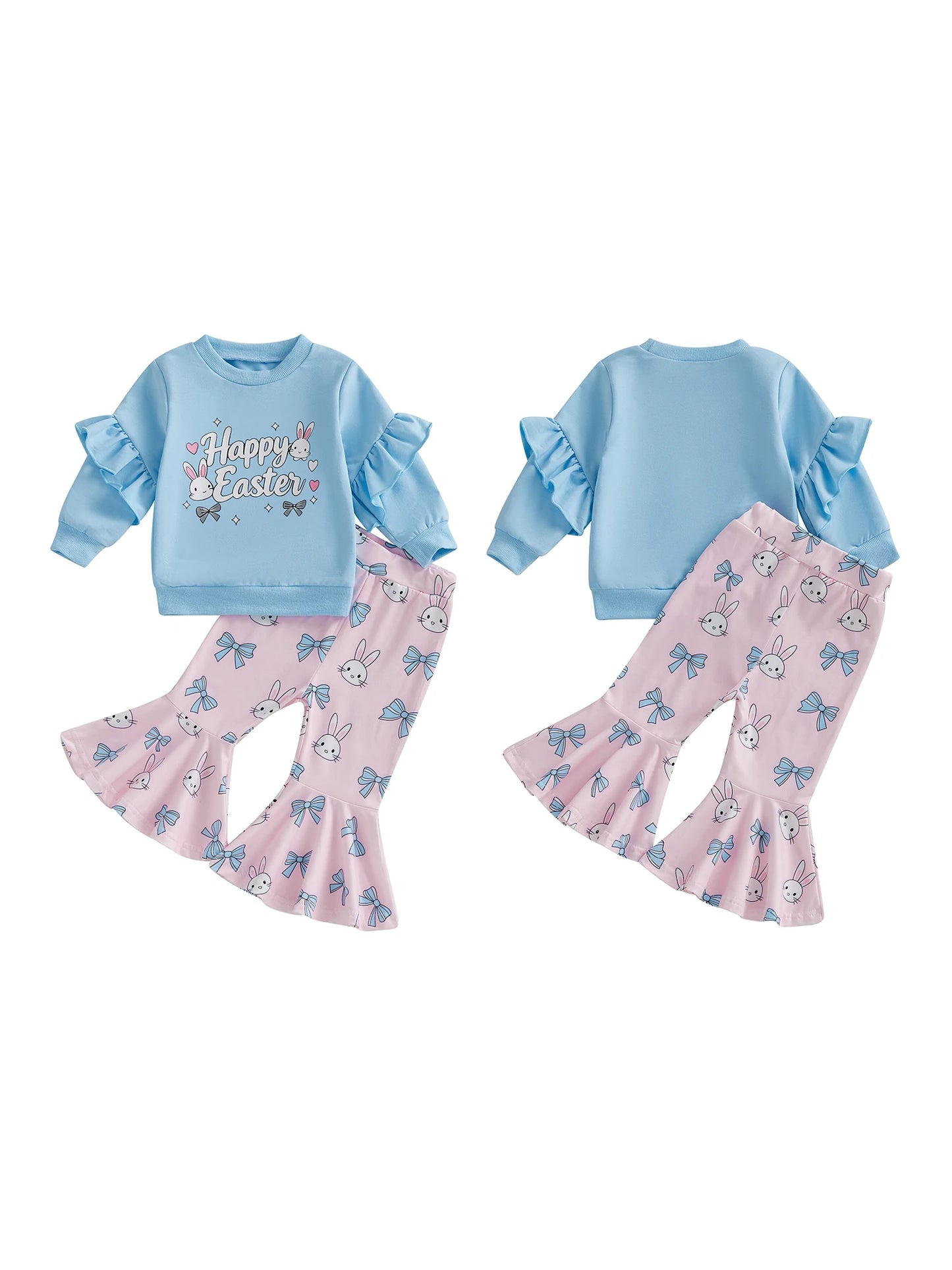 Baby Toddler Girls 2Pcs Happy Easter Outfit Bunny Bow Print Ruffled Trim Crew Neck Long Sleeve Top and Bell Bottoms Set