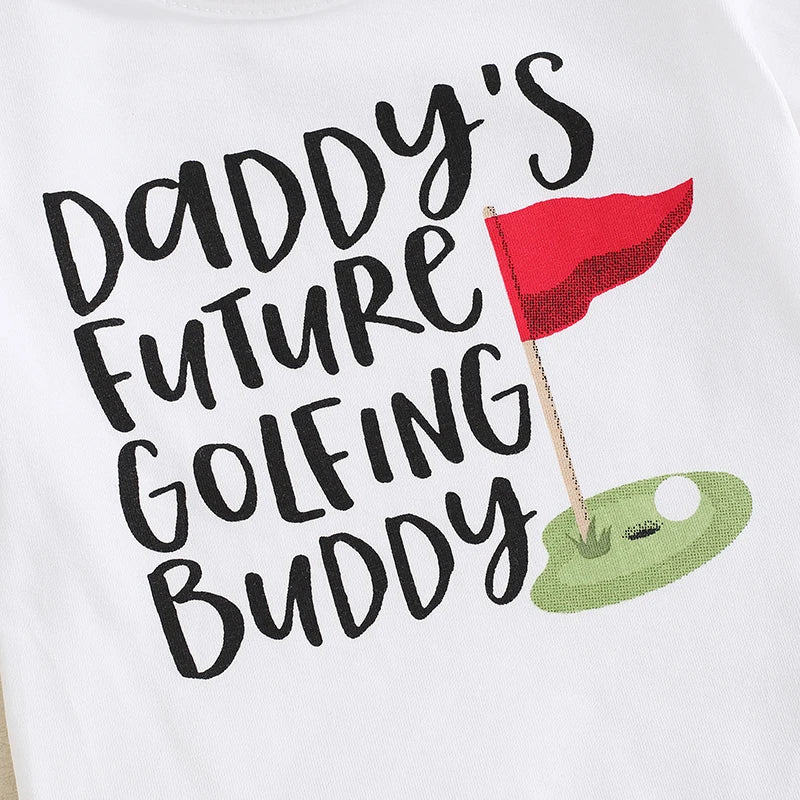 Baby Boys 3Pcs Outfit Daddy's Future Golfing Buddy Letter Print Crew Neck Short Sleeve Romper Golf Print Long Pants Hat Clothes Set