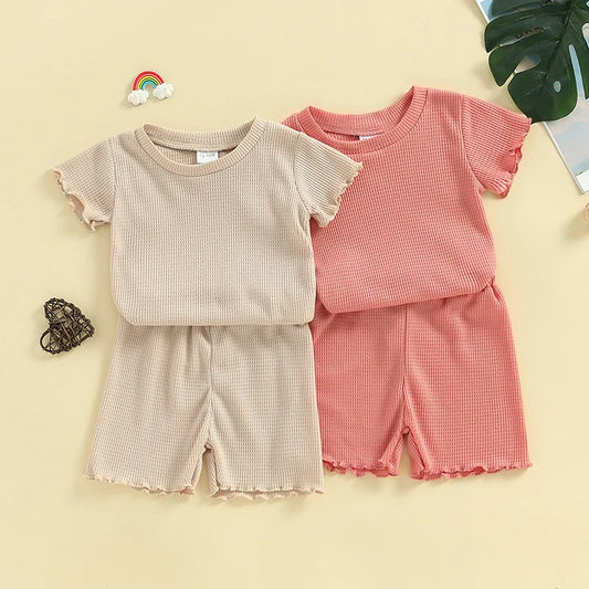 Baby Toddler Kids Girls 2Pcs Shorts Set Short Sleeve Crew Neck Top Frill Sleeves with Elastic Waist Shorts Summer Waffle Outfit