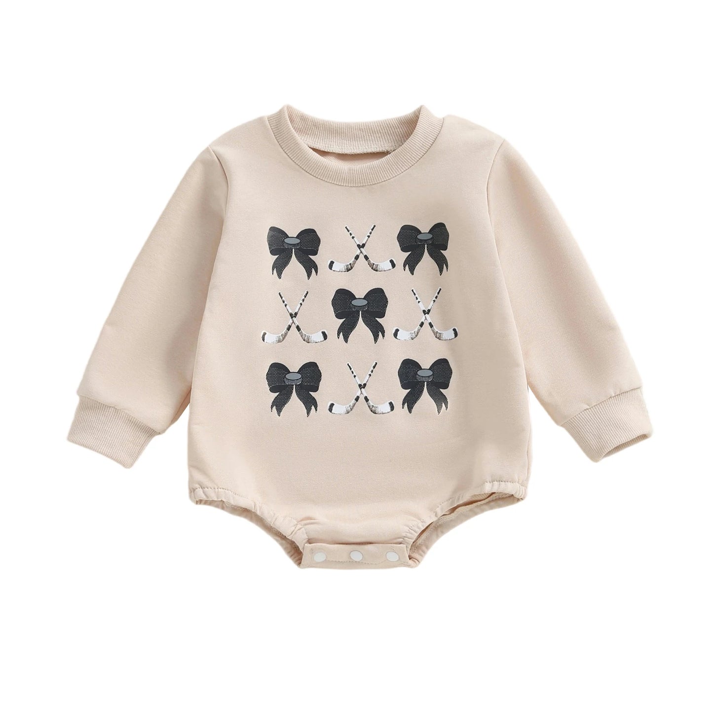 Baby Girls Fall Romper Bow Hockey / Game Day Letter Print Long Sleeve Round Neck Bubble Jumpsuit