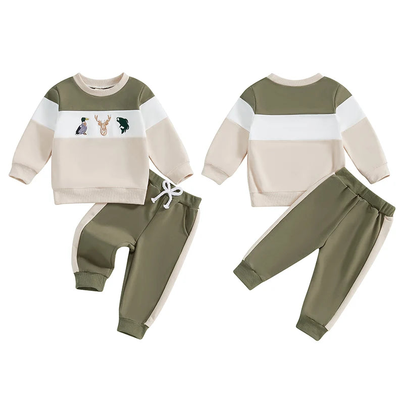 Baby Toddler Boy 2Pcs Christmas Winter Jogger Set Reindeer Whale Deer Duck Embroidery Long Sleeve Crewneck Pocket Long Pants Contrast Outfit