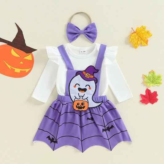 Baby Toddler Girls 3Pcs Halloween Outfit Solid Long Sleeve Romper with Ghost Embroidery Overall Dress and Headband Set