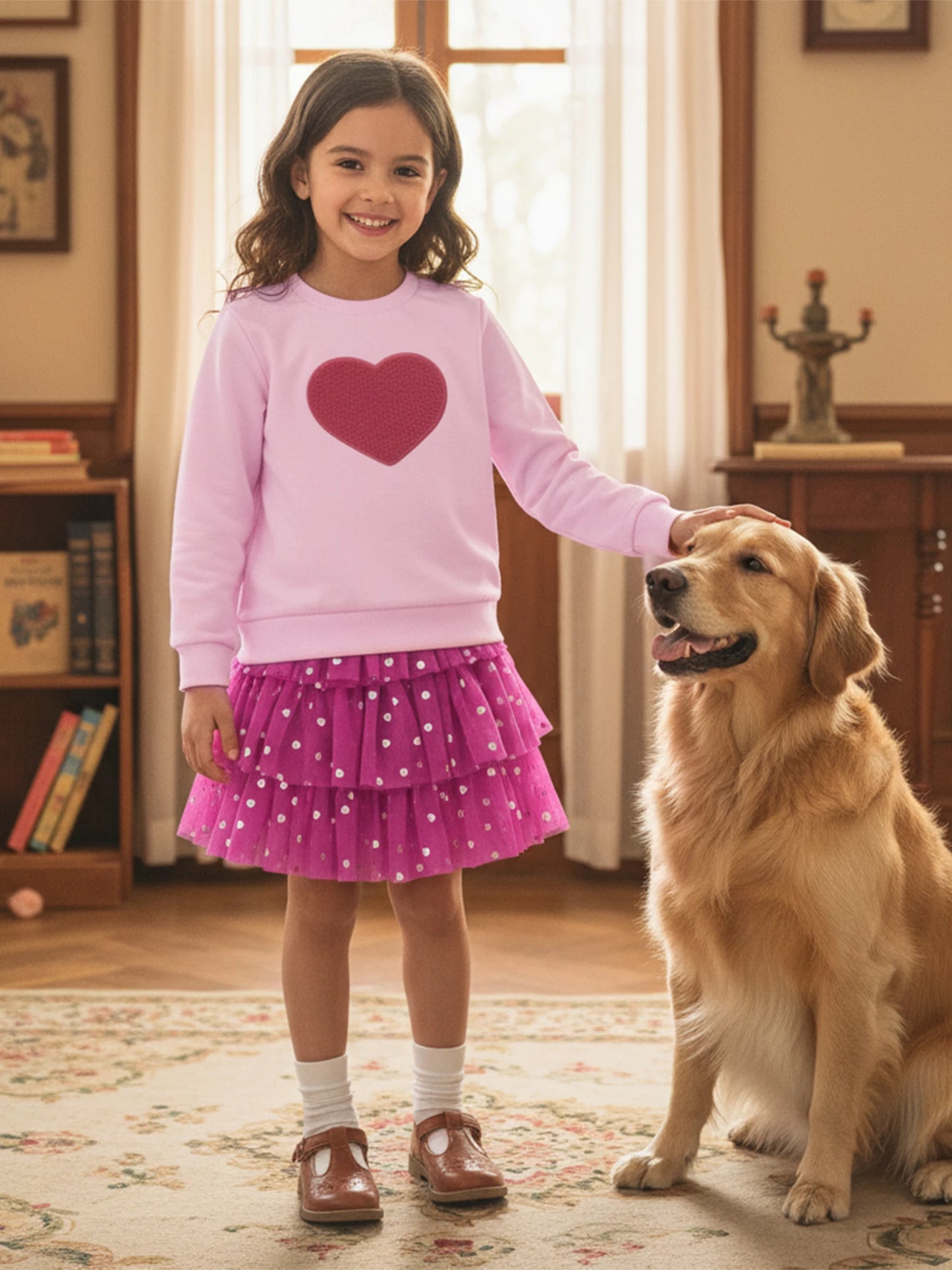 Baby Toddler Girls 2Pcs Outfit Long Sleeve Crew Neck Heart Embroidery Top and Tiered Tulle Skirt Set