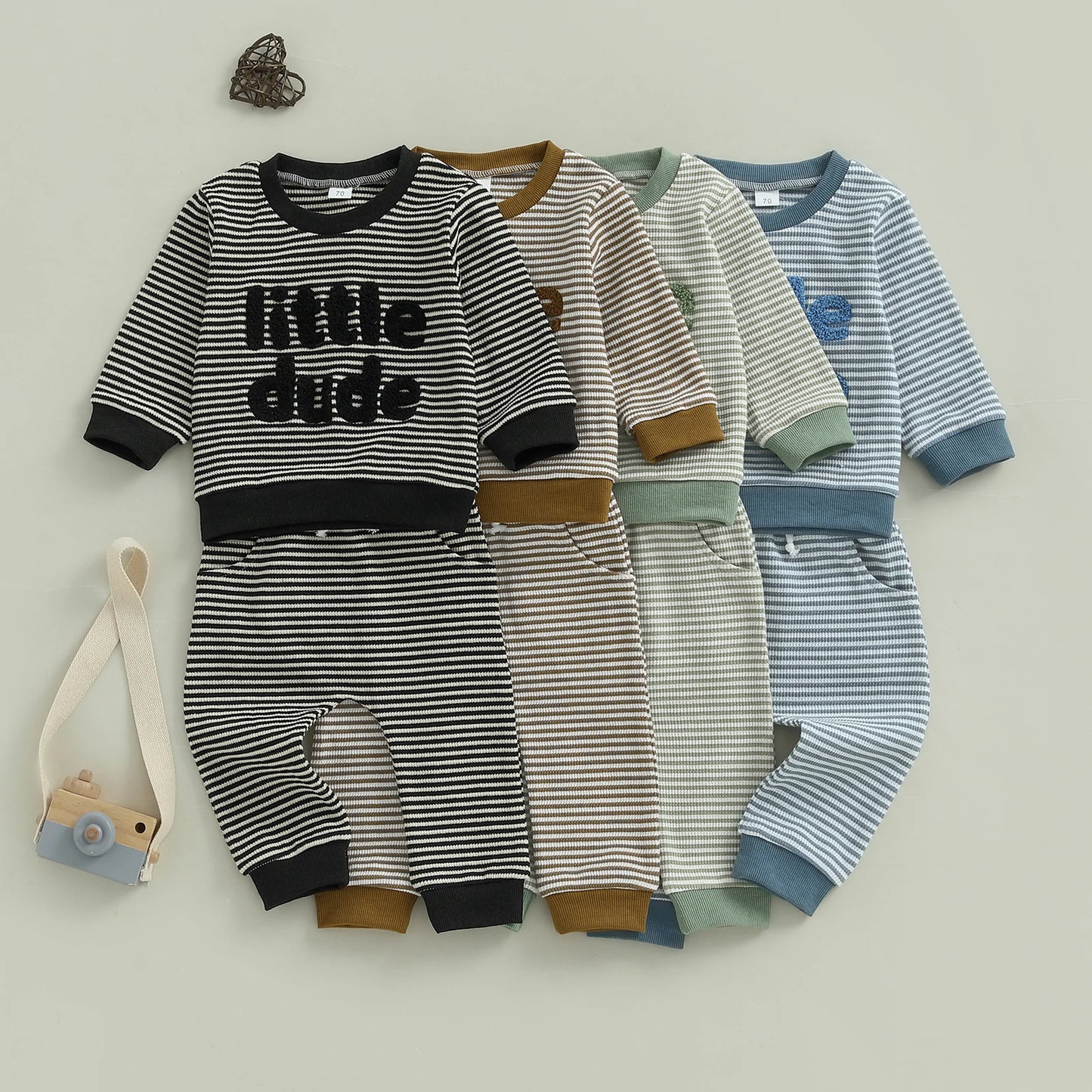 Baby Toddler Boys 2Pcs Little Dude Striped Jogger Set Long Sleeve Letters Embroidery Pullover Top with Pants Fall Outfits