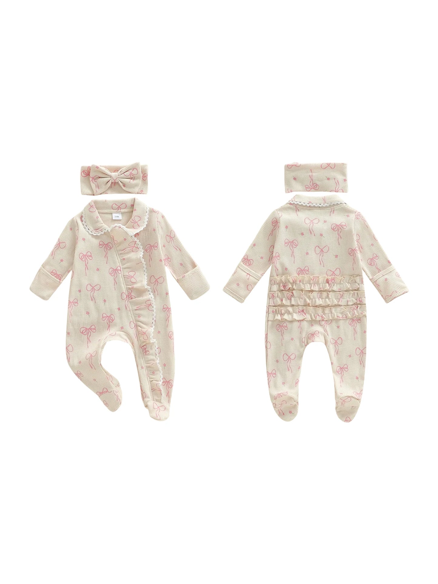Baby Girl 2Pcs Romper Waffled Bow Print Long Sleeve Zip Up Footed Jumpsuit with Headband Set
