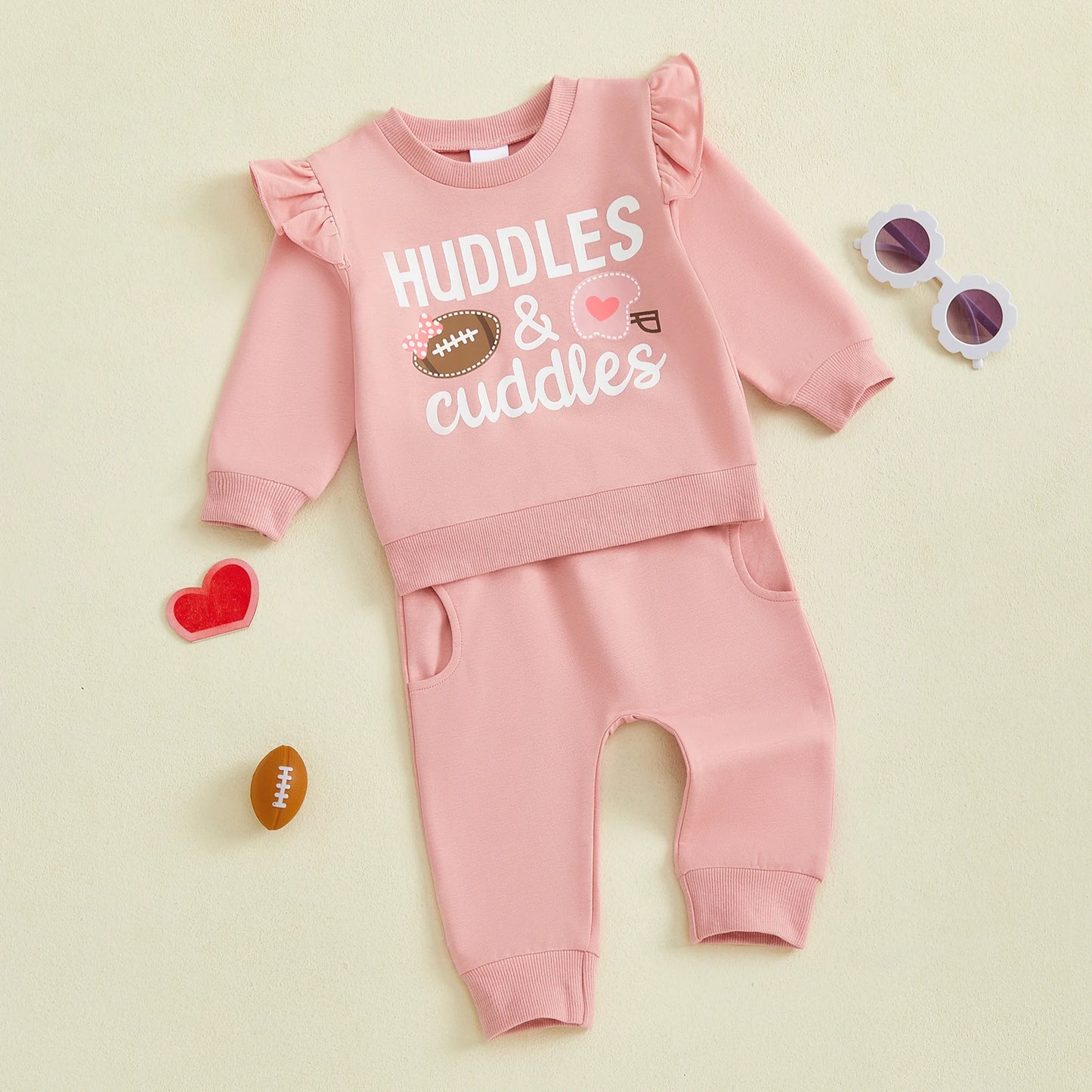 Baby Toddler Girls 2Pcs Fall Outfit Huddle & Cuddles Long Sleeve Bow Football Print Top + Pants Jogger Set Clothes