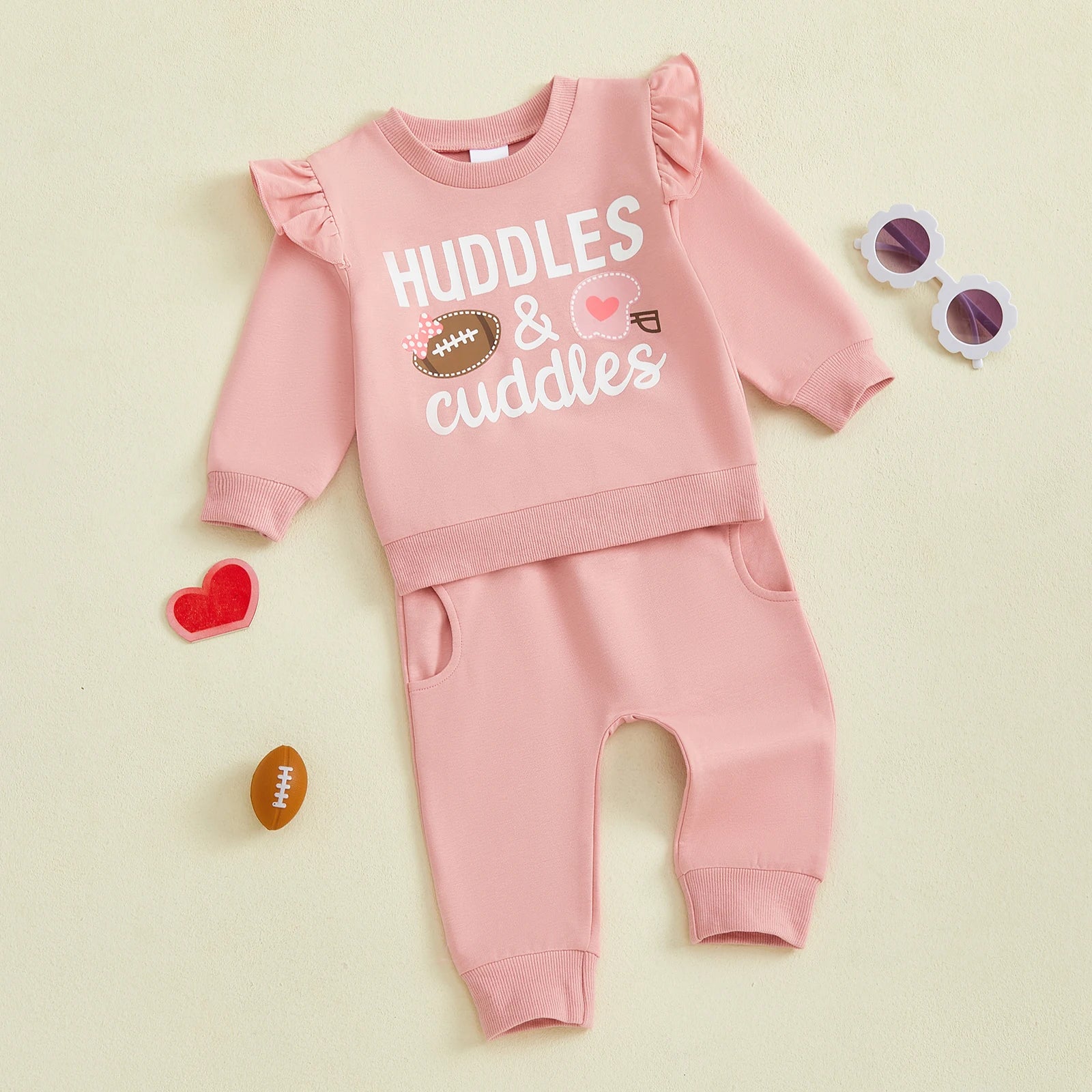 Baby Toddler Girls 2Pcs Fall Outfit Huddle & Cuddles Long Sleeve Bow Football Print Top + Pants Jogger Set Clothes