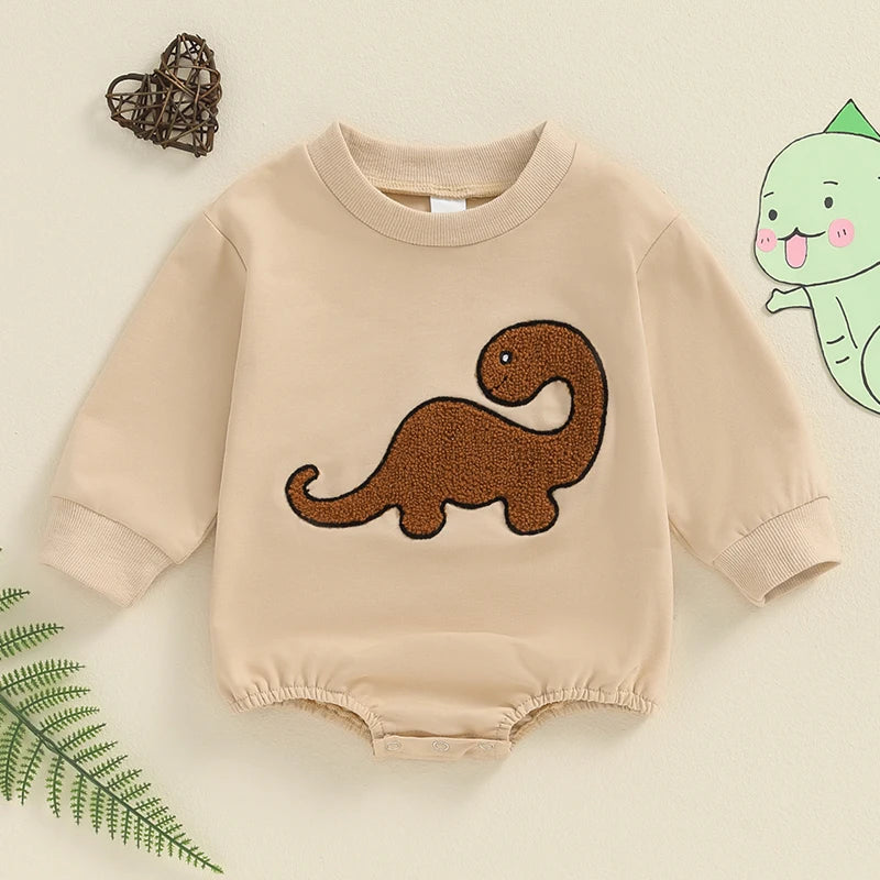 Baby Boy Girl Bubble Romper Casual Dinosaur Embroidery Long Sleeve Jumpsuit Bodysuit