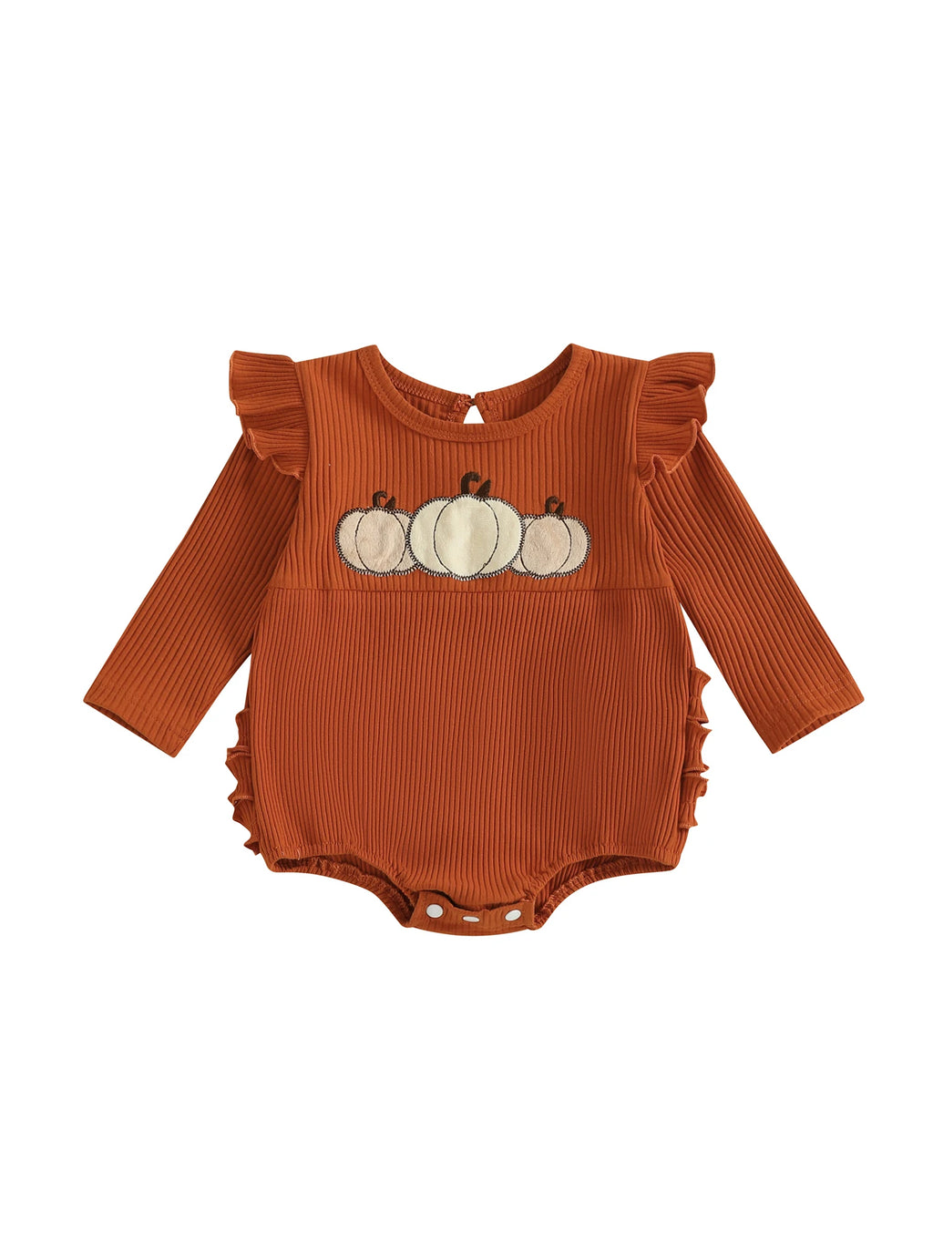 Baby Girl Pumpkin Embroidered Jumpsuit Halloween Fall Long Sleeve Round Neck Ruffle Romper