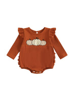 Baby Girl Pumpkin Embroidered Jumpsuit Halloween Fall Long Sleeve Round Neck Ruffle Romper