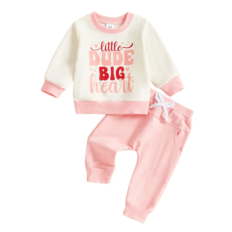 Baby Toddler Girls 2Pcs Little Dude Big Heart / Daddy's Sweetheart Outfit Letter Heart Print Long Sleeve Crewneck Top with Solid Color Pants Valentines Jogger Set Valentine's Day