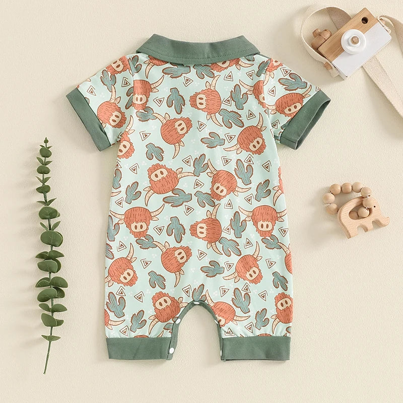 Baby Boy Romper Casual Cattle Cow Cactus Print Collar Short Sleeve Jumpsuit