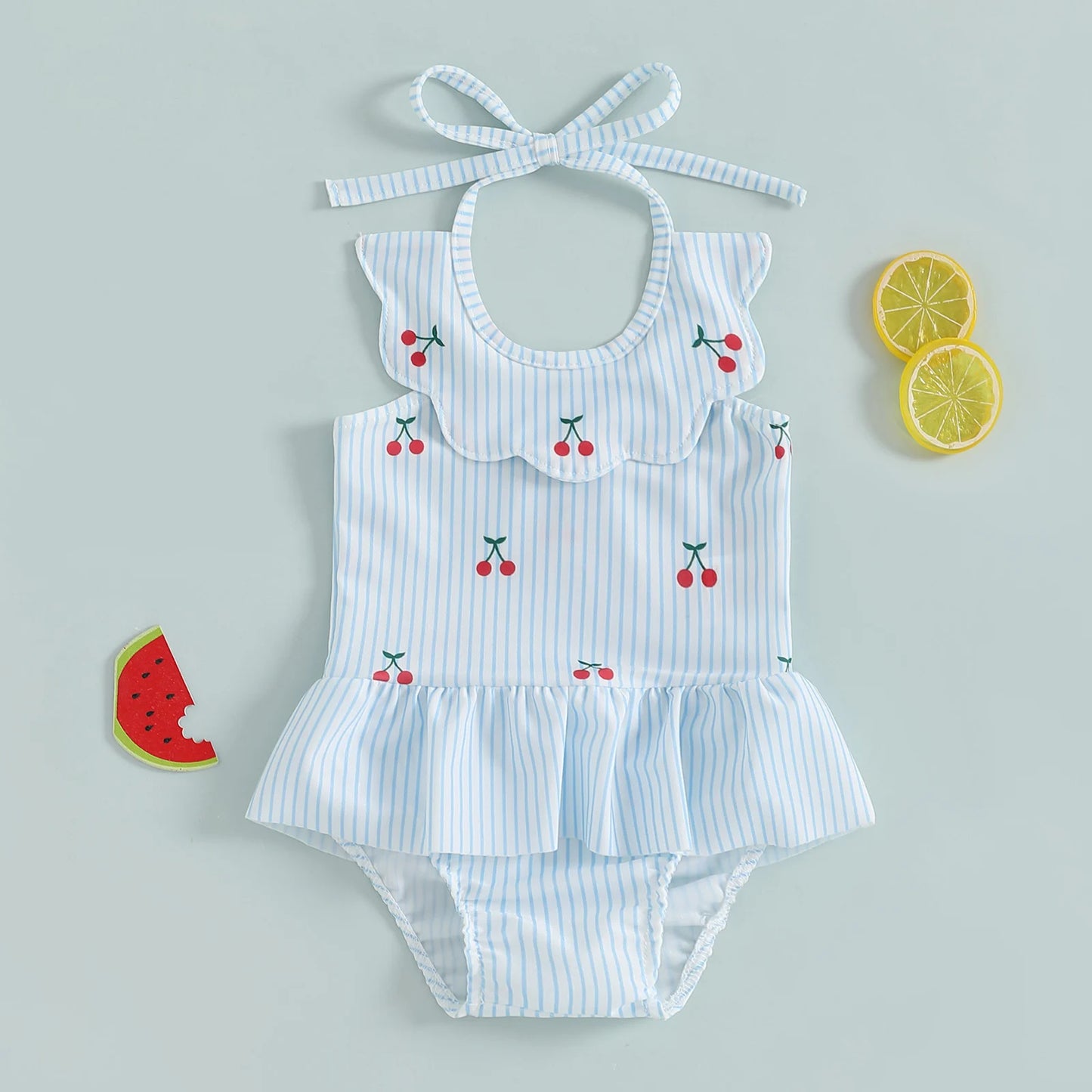 Baby Girls Halter Neck Swimwear Floral Cherry Print Romper Dress Bathing Suit Ruffled Beachwear
