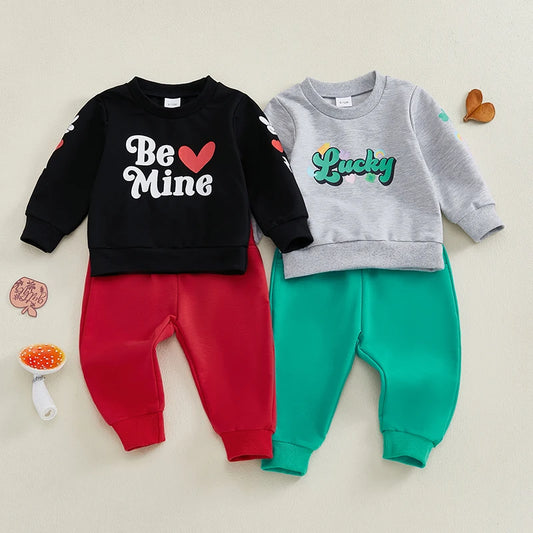 Baby Toddler Girls Boys 2Pcs Be Mine / Lucky Valentine's Day & St. Patrick's Day Outfit Letter Print Long Sleeve O-Neck Top with Solid Long Pants Valentines Jogger Set