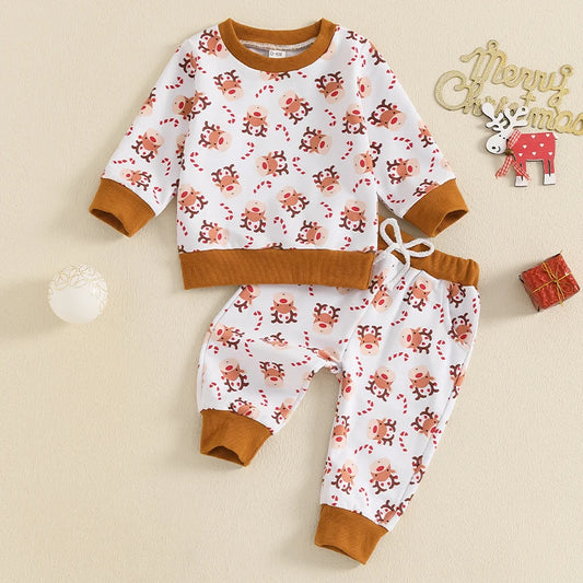 Baby Toddler Boys Girls 2Pcs Christmas Jogger Set Cartoon Reindeer Print Long Sleeve Crew Neck Top with Elastic Waist Pants Outfit