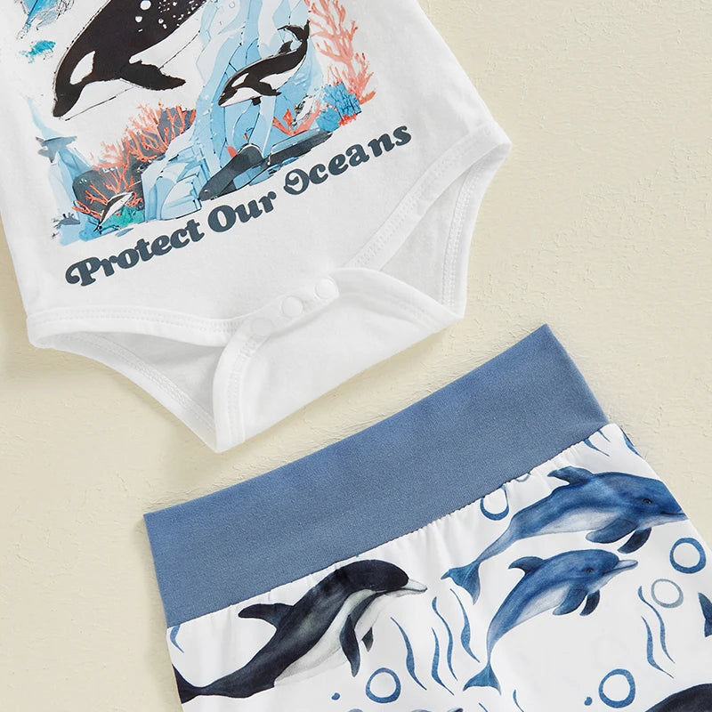 Baby Boy 3Pcs Protect Our Oceans Outfit Letter Sea Animal Dolphin Whale Print Short Sleeve Romper and Elastic Pants Beanies Hat Set