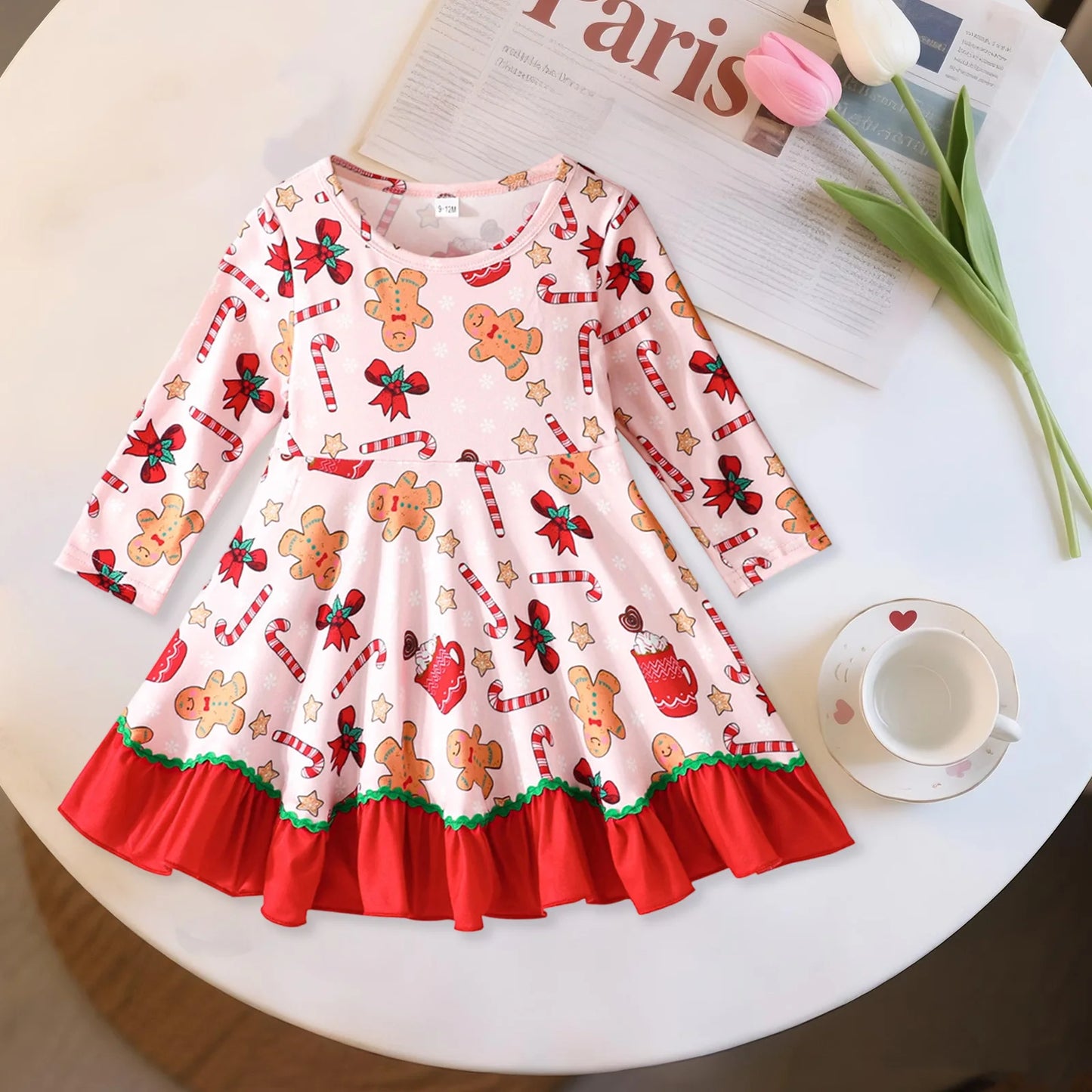 Baby Toddler Girl Christmas Dress Long Sleeve Crew Neck Gingerbread Man Cane Candy Print Dress