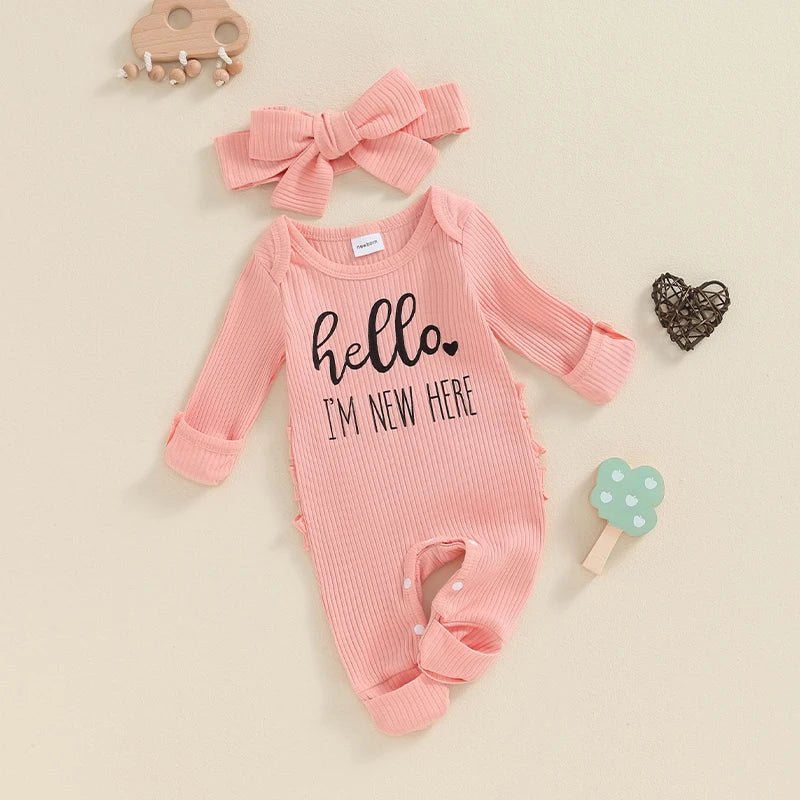 Baby Girl 2Pcs Hello I'm New Here Romper Letter Print Ribbed Long Sleeve Round Neck Full Length Jumpsuit with Headband Set